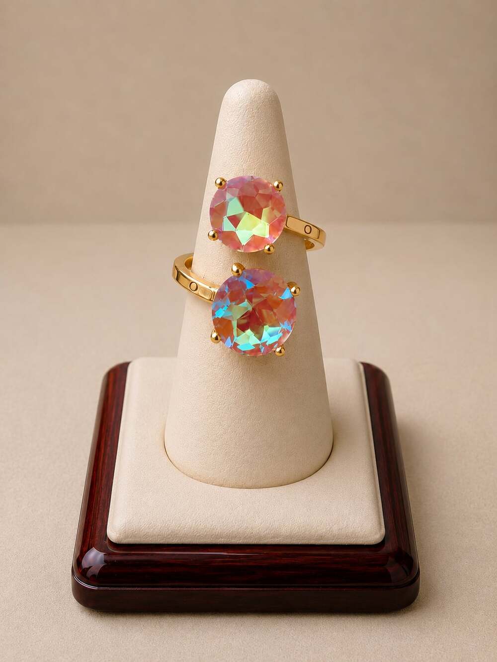 Iridescent Aurora Borealis Crystal Double Stone Ring Size 7 - Picture 1 of 3